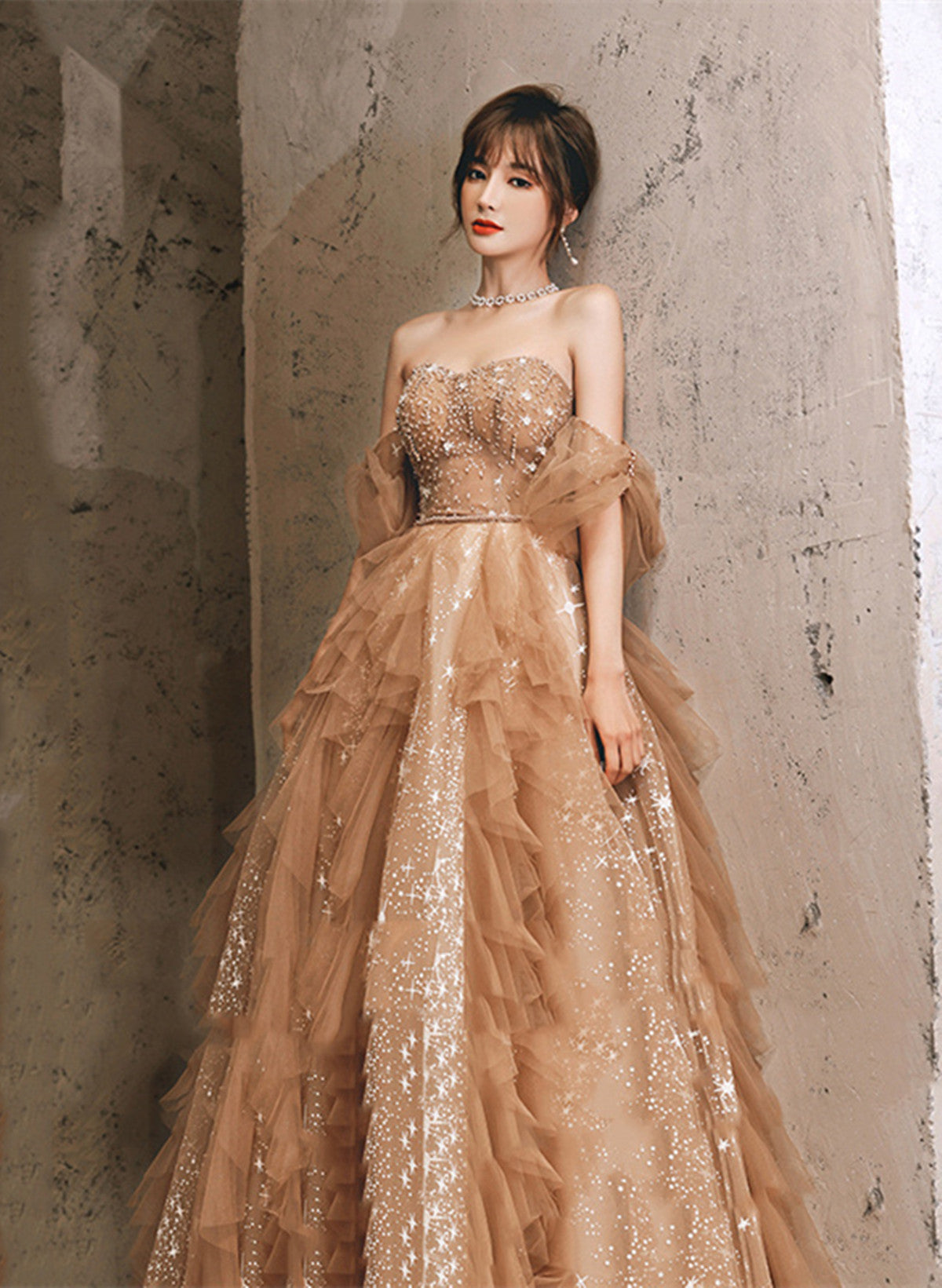 Champagne A-line Tulle Beaded Off Shoulder Prom Dress, Champagne Evening Dress