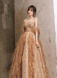 Champagne A-line Tulle Beaded Off Shoulder Prom Dress, Champagne Evening Dress