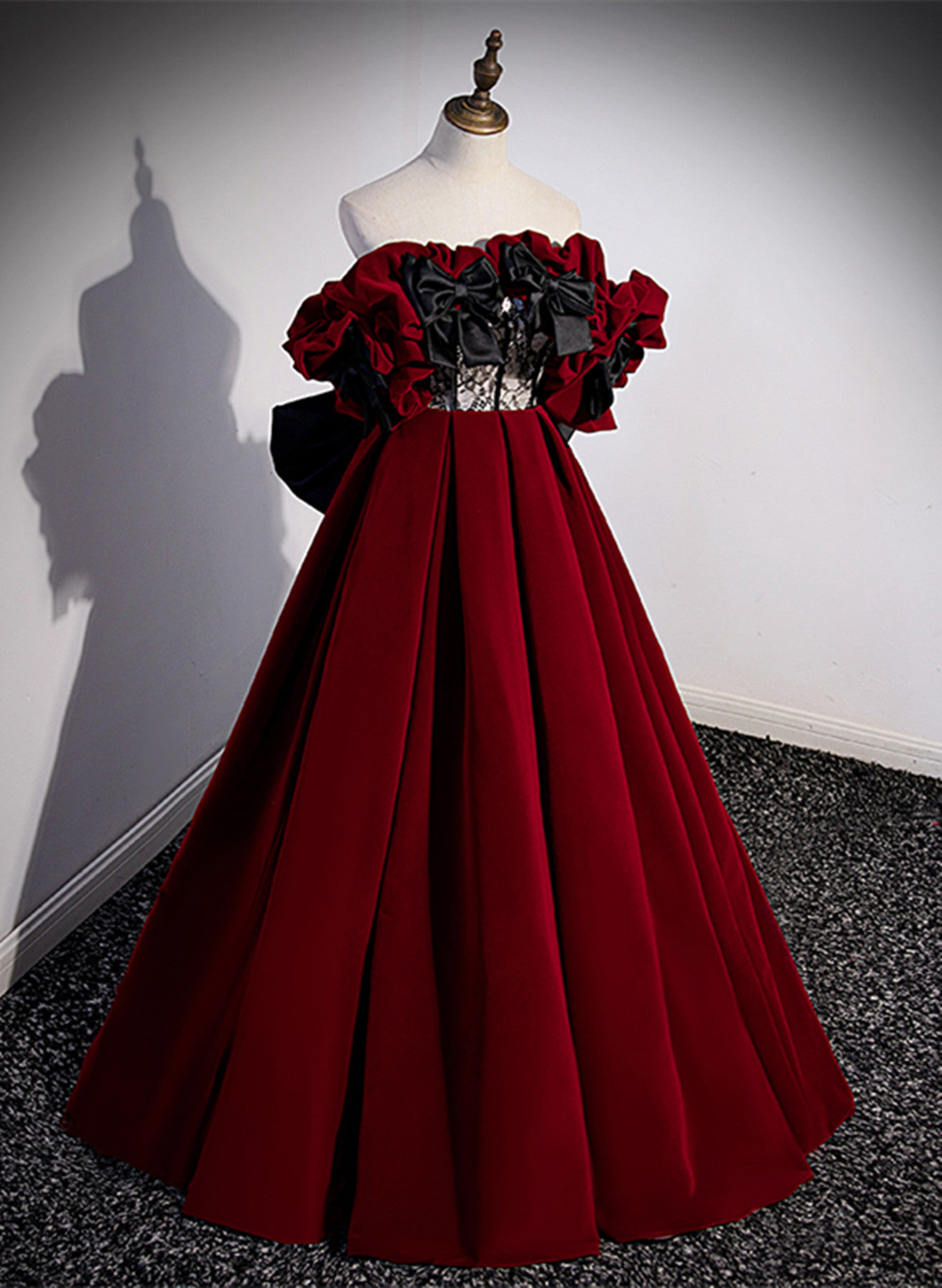 Dark Red Velvet Off Shoulder Party Dress, A-line Floor Length Prom Dress Formal Dress