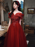 Chic Wine Red Off Shoulder Tulle Long Formal Dress, A-line Wine Red Prom Dress