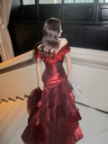 Chic Wine Red Off Shoulder Satin Layers Long Prom Dress, Wine Red V-neckline Evening Dress