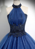 Navy Blue High Neckline Tulle Long Formal Dress, Navy Blue Ball Gown Party Dress