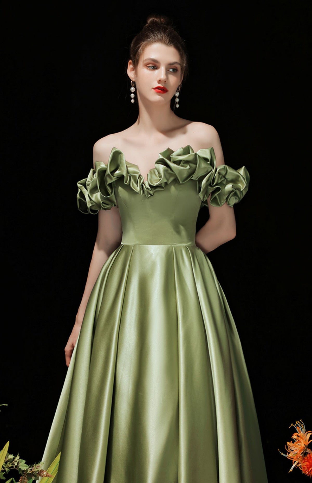 A-line Satin Off Shoulder Green Long Evening Dress, Green Formal Dress Prom Dress