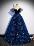 Lovely Navy Blue Tulle Off Shoulder Beaded Long Party Dress, Navy Blue Tulle Prom Dress