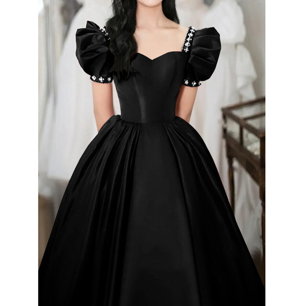 Simple Pretty Black Satin Short Sleeves Beaded Party Dress, Black Long Evening Dress