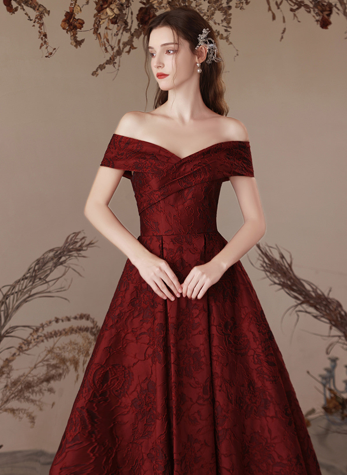 Off Shoulder Wine Red Satin Prom Dress, Off Shoulder A-line Evening Dress Party Dress