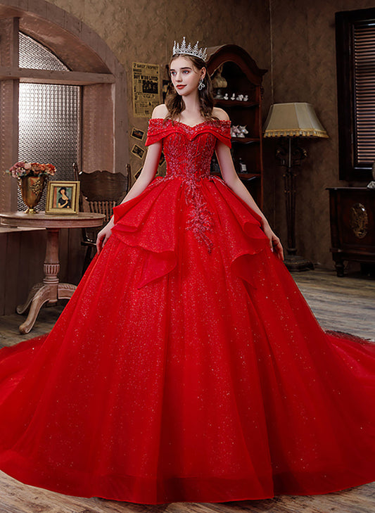 Glam Red Sweetheart Shiny Tulle Ball Gown Long Party Dress, Red Tulle Sweet 16 Dress