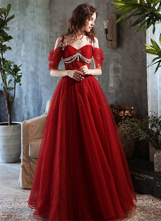 Lovely Wine Red Sweetheart Long Evening Dress, Wine Red Tulle Prom Dress