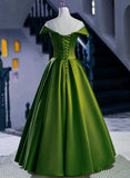 A-line Green Satin Floor Length Party Dress, Green Long Formal Dress