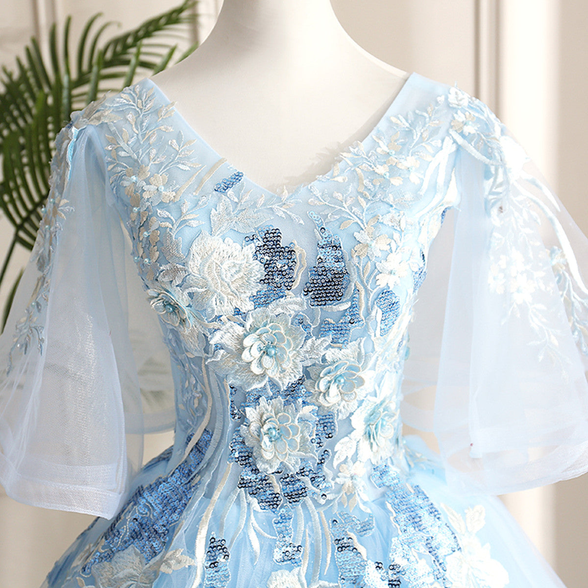 Light Blue Ball Gown V-neckline Puffy Sleeves Party Dress, Light Blue Sweetheart 16 Dress