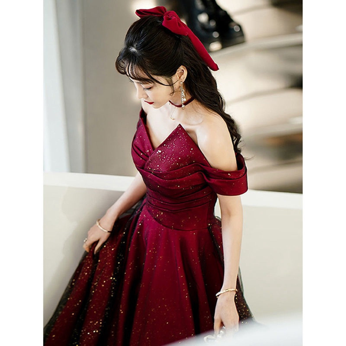 Chic Red and Black Off Shoulder Satin Evening Dress, Red and Black Long Prom Dress