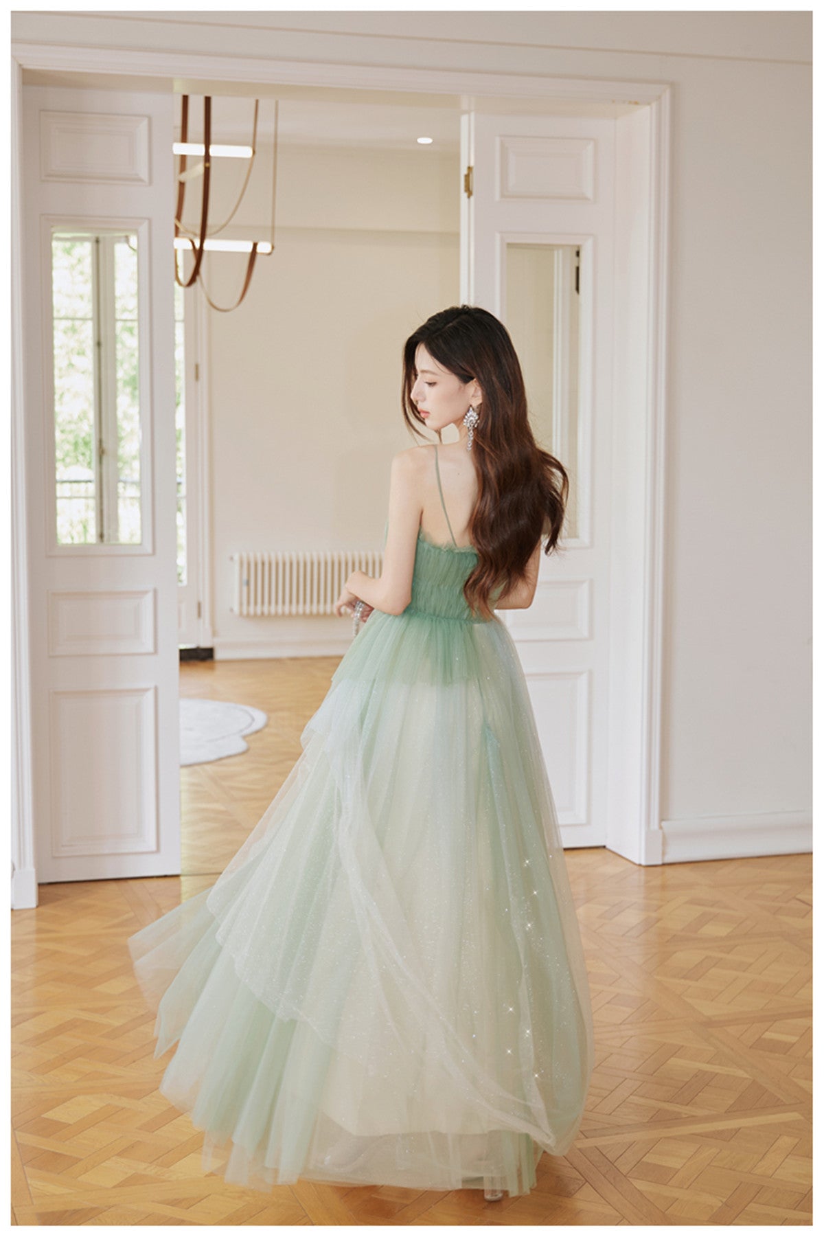 Green Tulle Straps Long Prom Dress, Light Green A-line Floor Length Party Dress