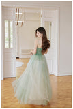 Green Tulle Straps Long Prom Dress, Light Green A-line Floor Length Party Dress