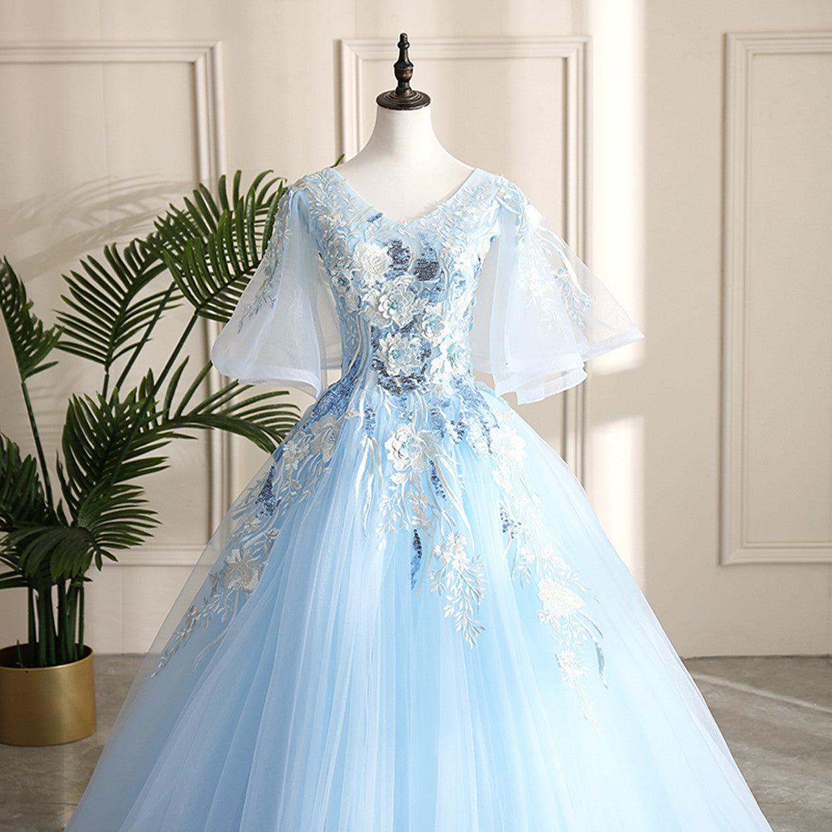 Light Blue Ball Gown V-neckline Puffy Sleeves Party Dress, Light Blue