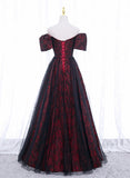 Lovely Sweetheart Black and Red Off Shoulder Party Dress, A-line Floor Length Prom Dress