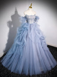 Blue Tulle Beaded Off Shoulder New Style Prom Dress, Blue Evening Dress Formal Dress