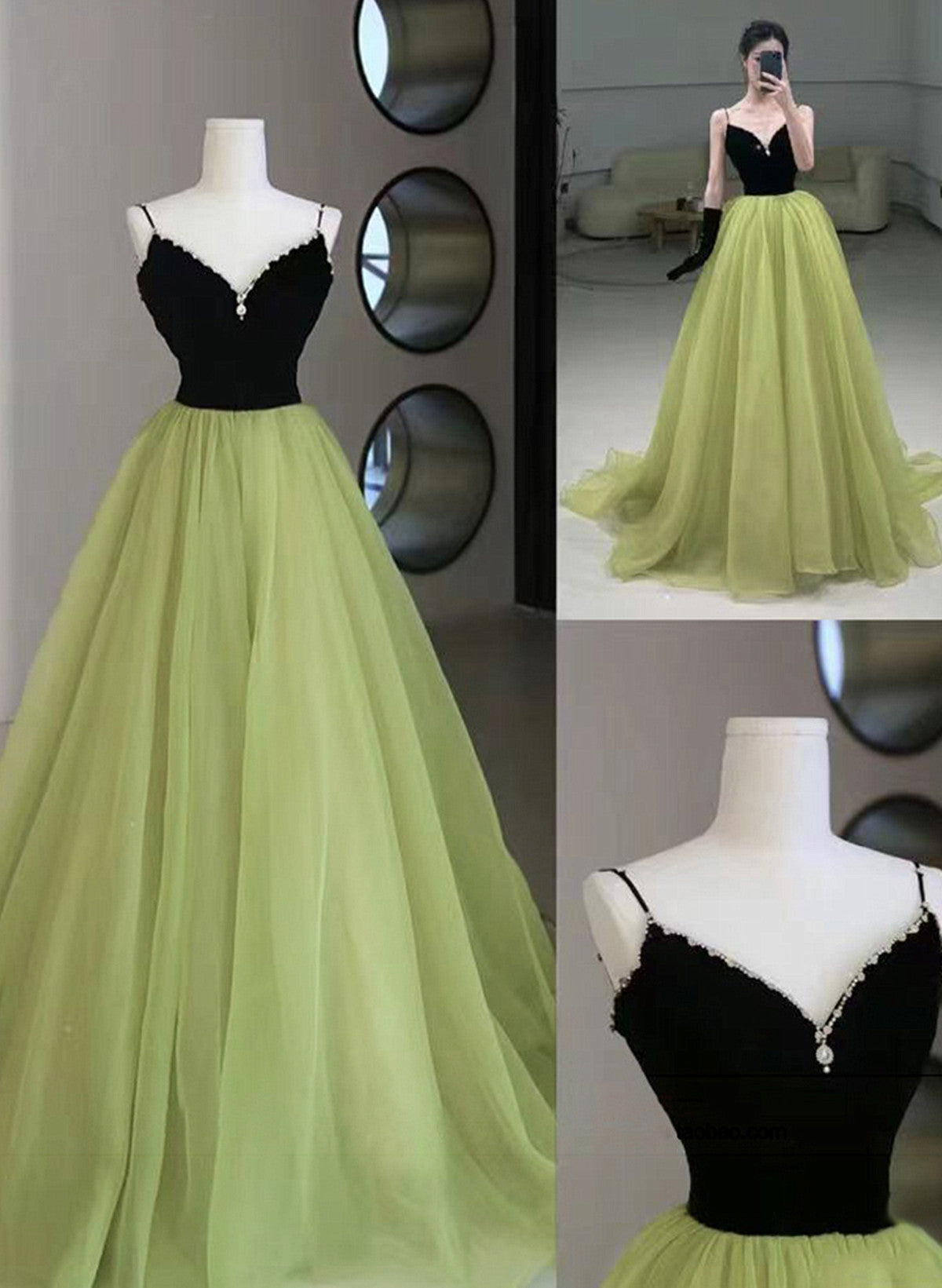 A-line Green and Black Long Beaded Party Dress, Green Long Formal Dres