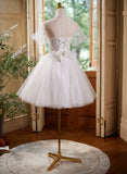 Cute White Tulle with Lace Short Party Dress, White Graduation Dress