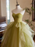 Green Sweetheart Straps Tulle Long Party Dress, Green Tulle Prom Dress