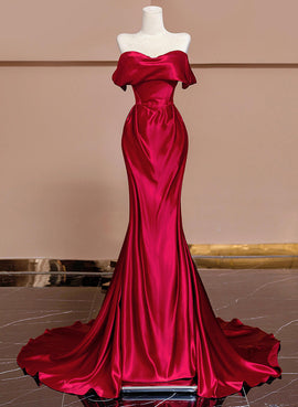 Wine Red Off Shoulder Satin Long Evening Dress, Wine Red Prom Dress