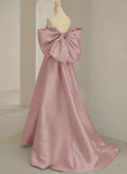 Pink Off Shoulder Satin Long Simple Party Dress, Pink Satin Evening Dress