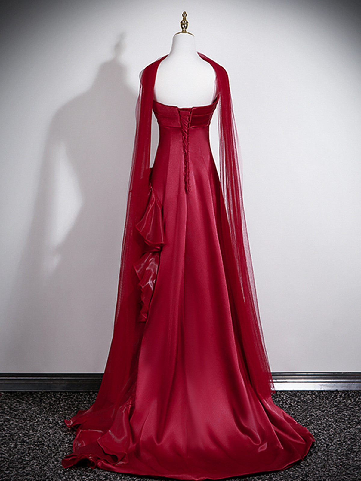Elegant Strapless Wine Red Evening Gown with Organza Skirt, Wine Red Satin A-line Prom Dress