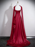 Elegant Strapless Wine Red Evening Gown with Organza Skirt, Wine Red Satin A-line Prom Dress
