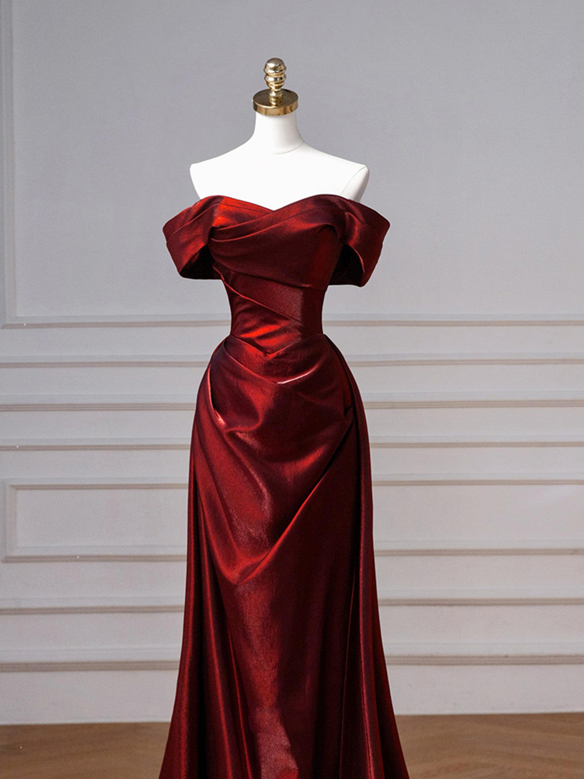 Wine Red Sweetheart Floor Length Party Dress, Off Shoulder Wine Red Satin Prom Dress