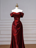 Wine Red Sweetheart Floor Length Party Dress, Off Shoulder Wine Red Satin Prom Dress