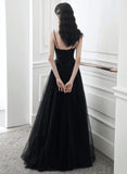 Black Tulle V-Neckline Straps Long Party Dress, Black Beaded Tulle Prom Dress