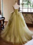 Green Sweetheart Straps Tulle Long Party Dress, Green Tulle Prom Dress