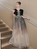 Black V-neckline Velvet Top and Tulle Long Party Dress, Black A-line Evening Dress Prom Dress