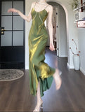 Lovely Green Straps Long Formal Dress, Green Satin Party Dress Evening Dress