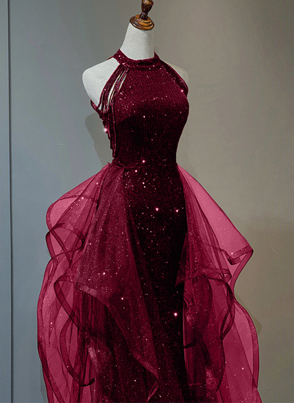 A-line Sequins with Tulle Wine Red Long Party Dress, Wine Red Halter Prom Dress