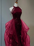 A-line Sequins with Tulle Wine Red Long Party Dress, Wine Red Halter Prom Dress