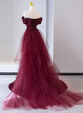 Wine Red Mermaid Lace-up Satin Long Formal Dress, Wine Red Off Shoulder Evening Dress