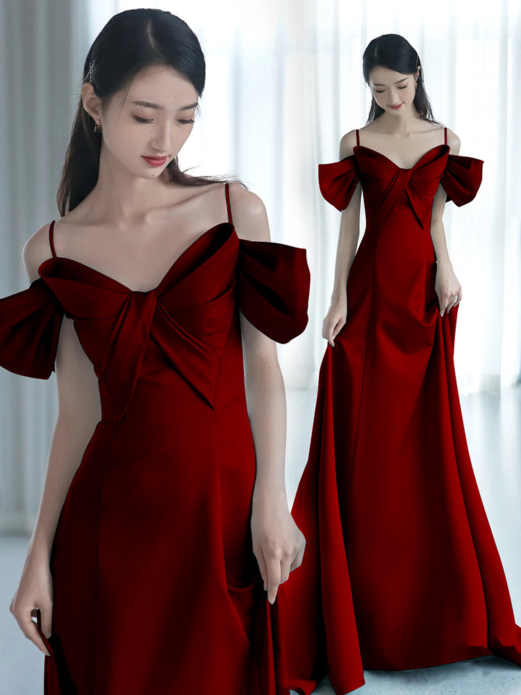 Off Shoulder Wine Red Satin Long Party Dress, A-line Wine Red Prom Dress