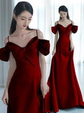 Off Shoulder Wine Red Satin Long Party Dress, A-line Wine Red Prom Dress