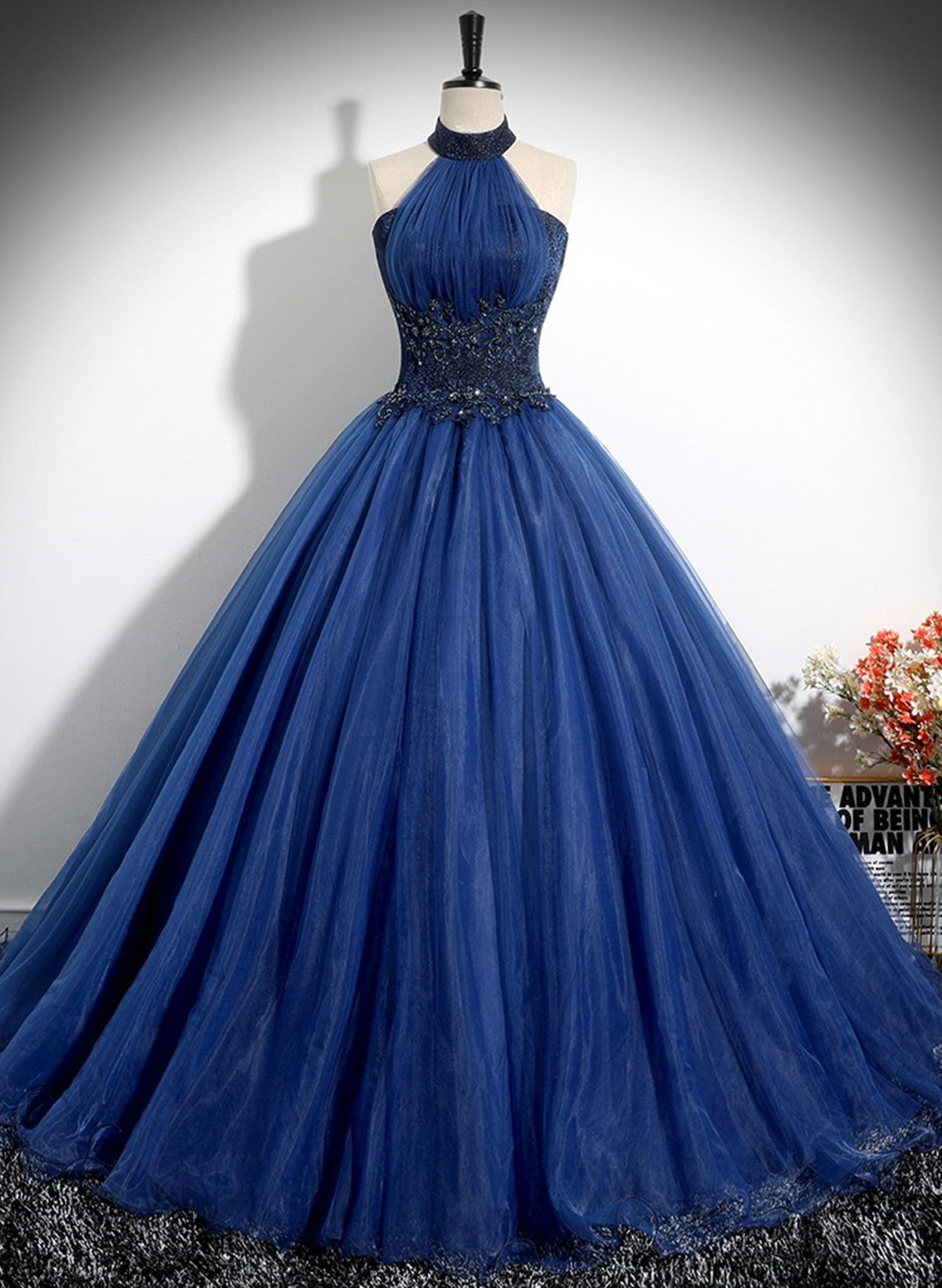 Navy Blue High Neckline Tulle Long Formal Dress, Navy Blue Ball Gown Party Dress