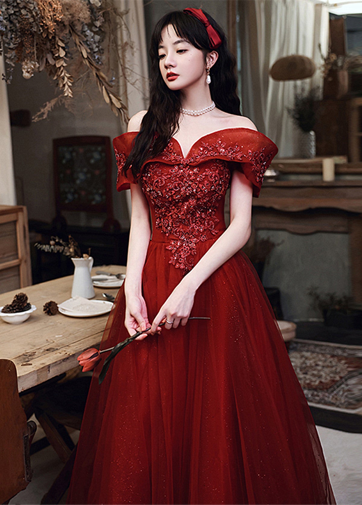 Chic Wine Red Off Shoulder Tulle Long Formal Dress, A-line Wine Red Prom Dress