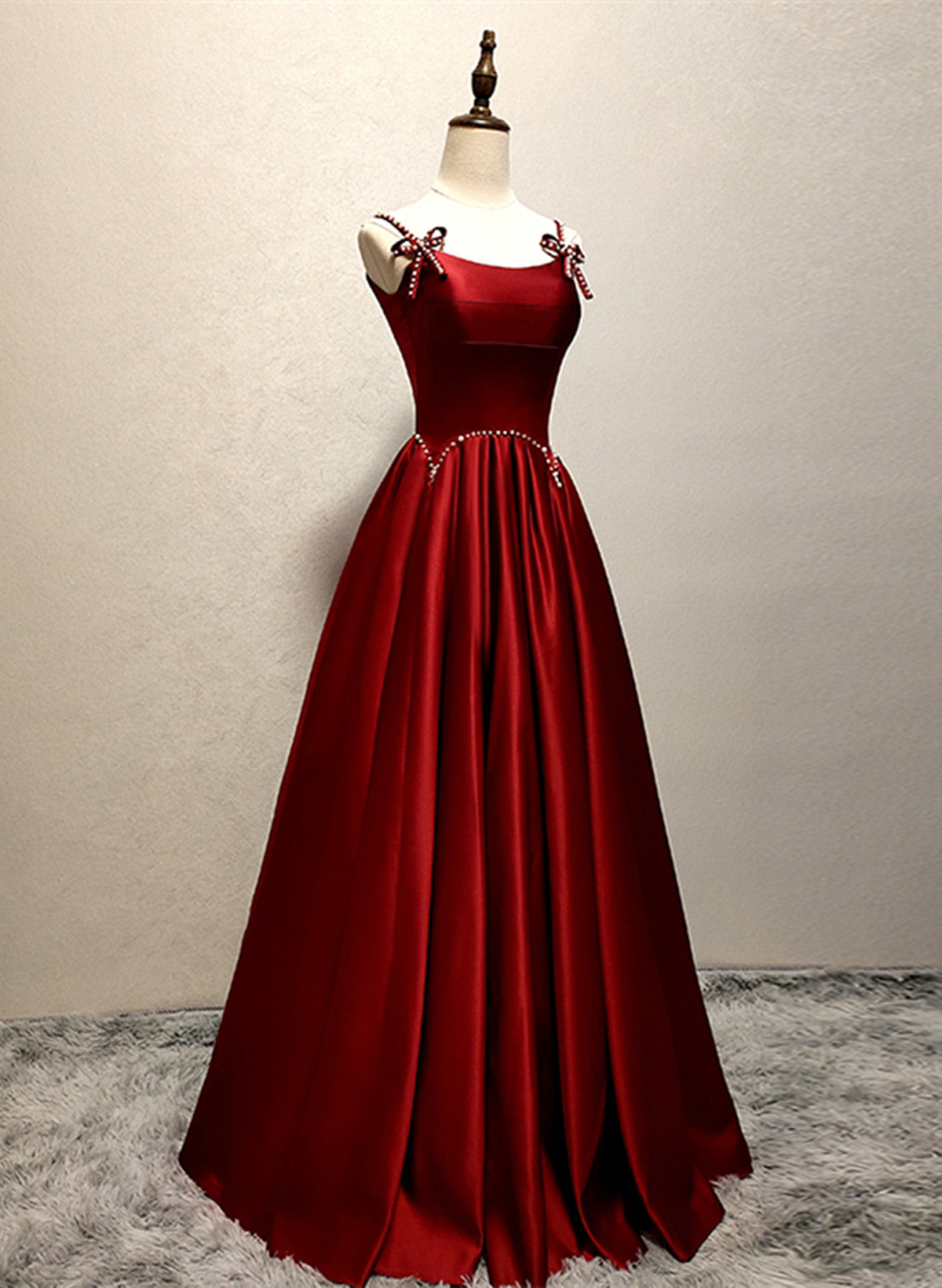 Wine Red Straps Satin Long Party Dress, Wine Red A-line Long Prom Dress