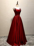 Wine Red Straps Satin Long Party Dress, Wine Red A-line Long Prom Dress