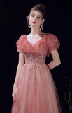 Pink Short Sleeves Tulle Beaded A-line Prom Dress, Pink Long Evening Dress