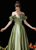 A-line Satin Off Shoulder Green Long Evening Dress, Green Formal Dress Prom Dress