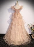 Cute A-line Shiny Tulle with Lace Off Shoulder Party Dress, Long Floor Length Prom Dress