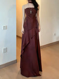 A-line Maroon Chiffon Straps Floor Length Party Dress, Maroon Chiffon Prom Dress