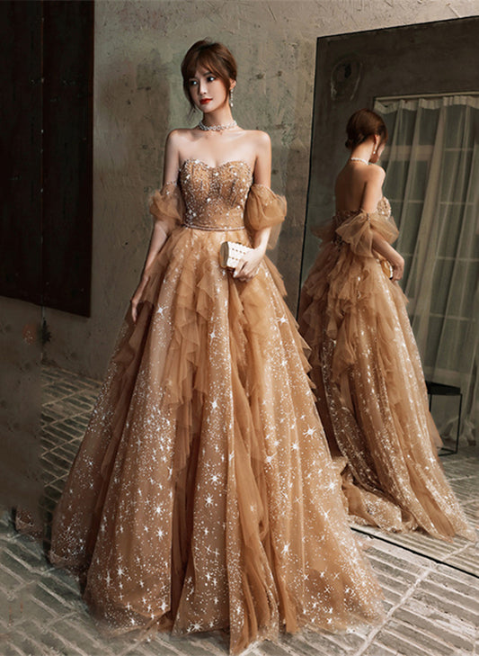 Champagne A-line Tulle Beaded Off Shoulder Prom Dress, Champagne Evening Dress