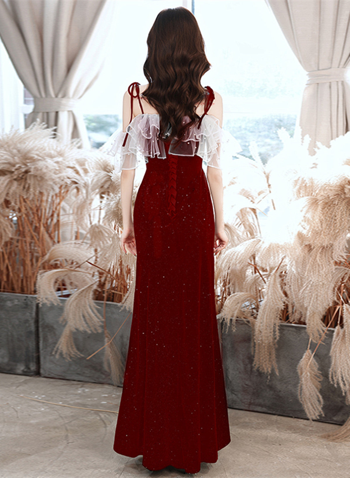 Dark Red Velvet Strapes Long Party Dress With Leg Slit, Dark Red Prom Dress