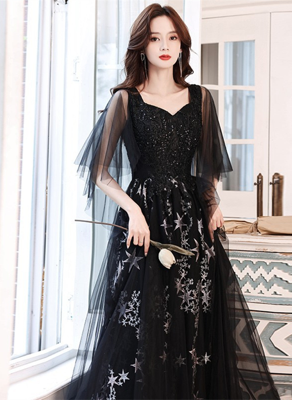 Black Puffy Sleeves Tulle Long Party Dress, A-line Black Prom Dress Evening Dress