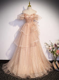 Cute A-line Shiny Tulle with Lace Off Shoulder Party Dress, Long Floor Length Prom Dress